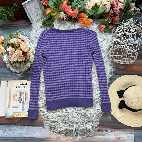 Talbots Cotton Blend Purple Striped Women's Lightweight Cable Knit Sweater - Picture 2 of 11